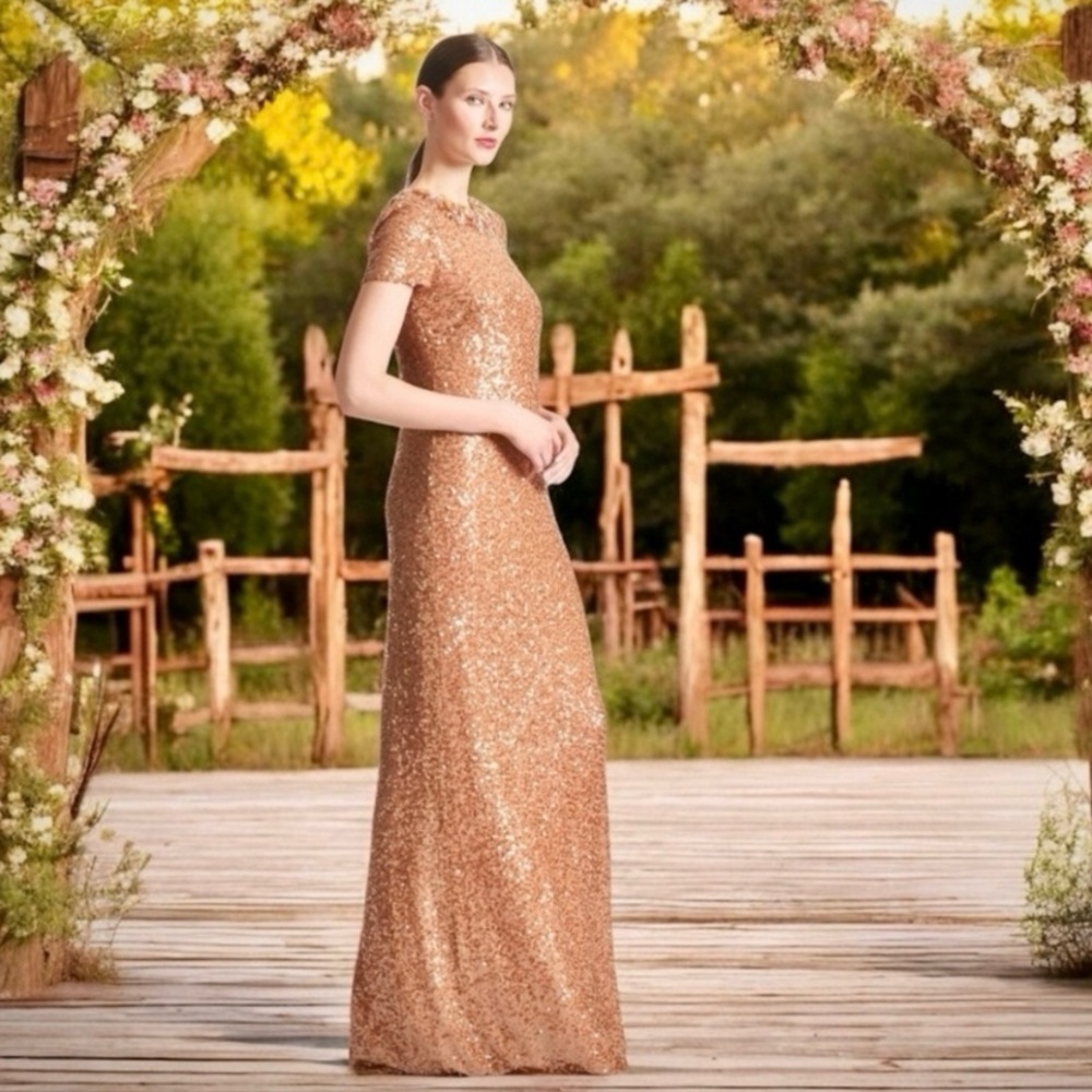 Sachin + Babi Sequined Formal Gown Size 2 Elegant Gold Column Gown Rhinestones - Picture 8 of 13